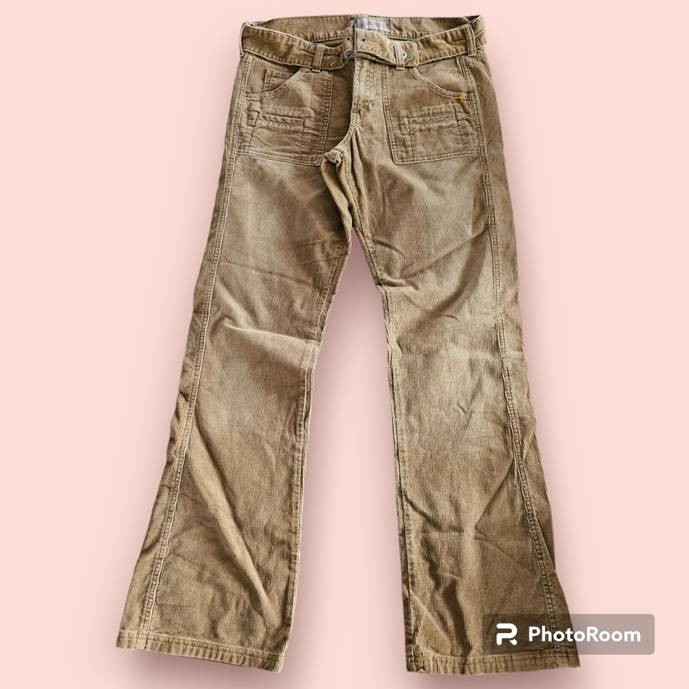HOLLISTER corduroy pants tan brown women's size 8 belted embroidery on belt
